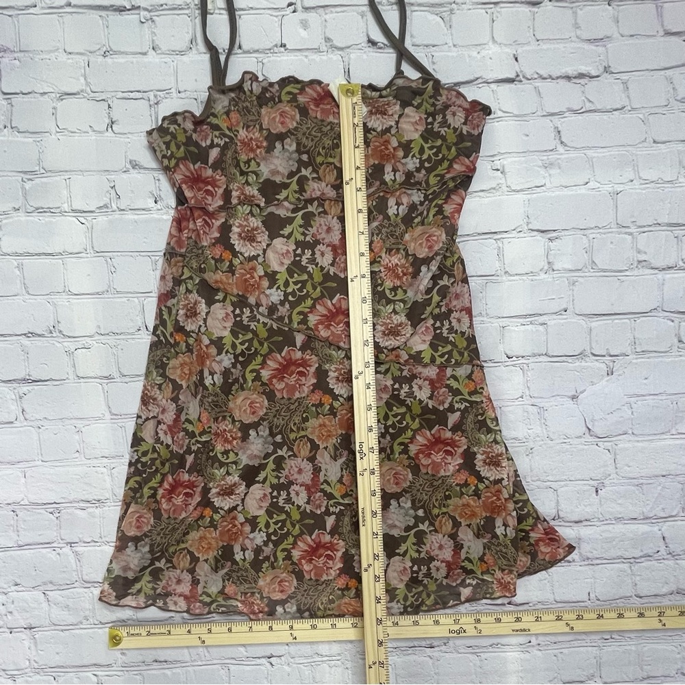 Vintage-Style Floral Mesh Mini Cami Dress - Lettuce Trim & Tiered Hem L - Picture 7 of 8